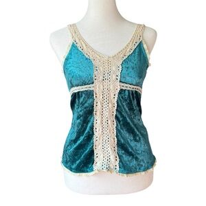Teal Velvet Velour Lace Crochet Trim Boho Indie Women’s Small Fairy Top